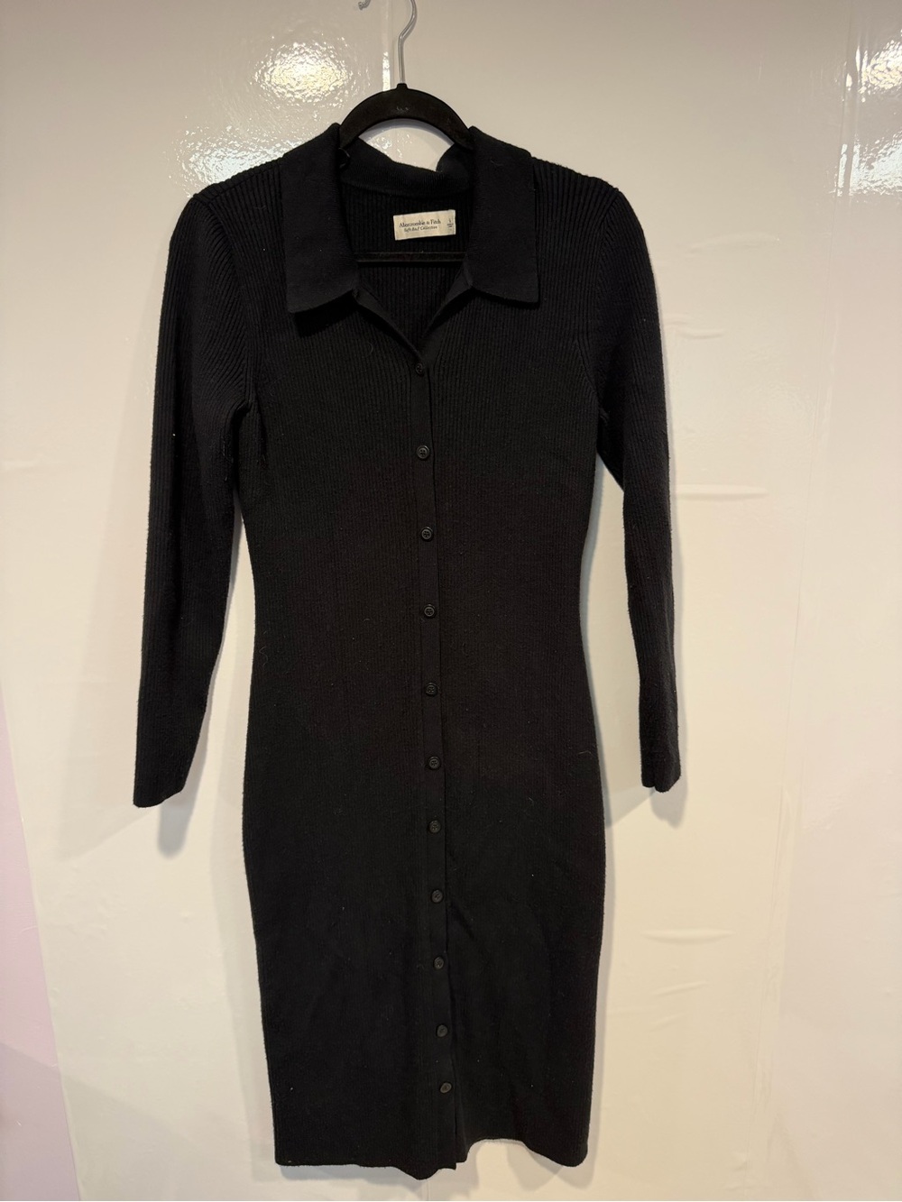 Abercrombie and Fitch Black Ribbed Button-Front Knit Dress MIDI